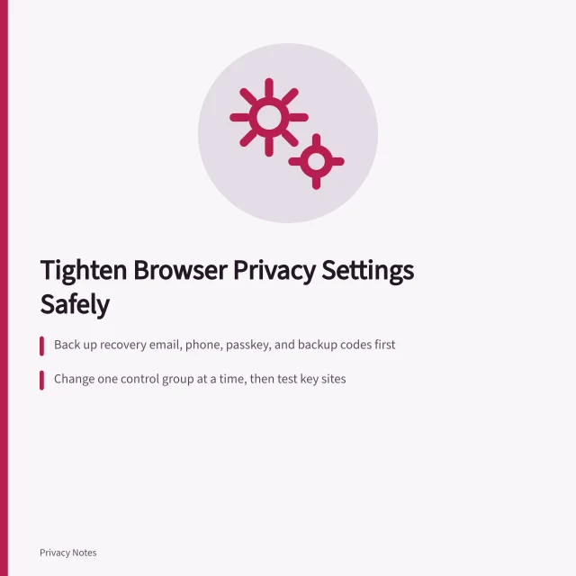 Browser privacy settings review with tracking protection, cookies, permissions, and sync controls. How to review and tighten browser privacy settings