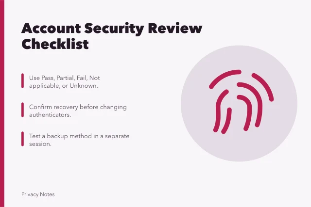 Checklist for account email, password, passkey, MFA, recovery, sessions, devices, and alerts. Account email, password, passkey, multifactor, recovery, session, device, and alert checklist