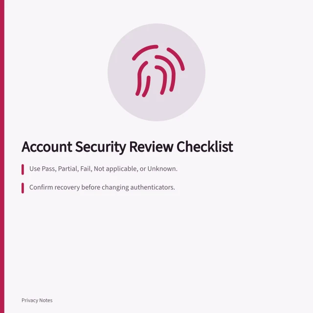 Checklist for account email, password, passkey, MFA, recovery, sessions, devices, and alerts. Account email, password, passkey, multifactor, recovery, session, device, and alert checklist