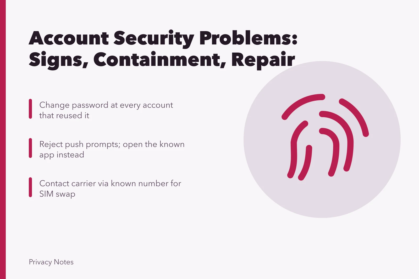 Card on account security: password reuse, phishing, SIM swaps, recovery codes. Account security problems: password reuse, phishing, SIM swaps and stale sessions