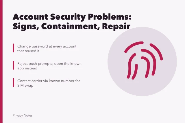 Card on account security: password reuse, phishing, SIM swaps, recovery codes. Account security problems: password reuse, phishing, SIM swaps and stale sessions