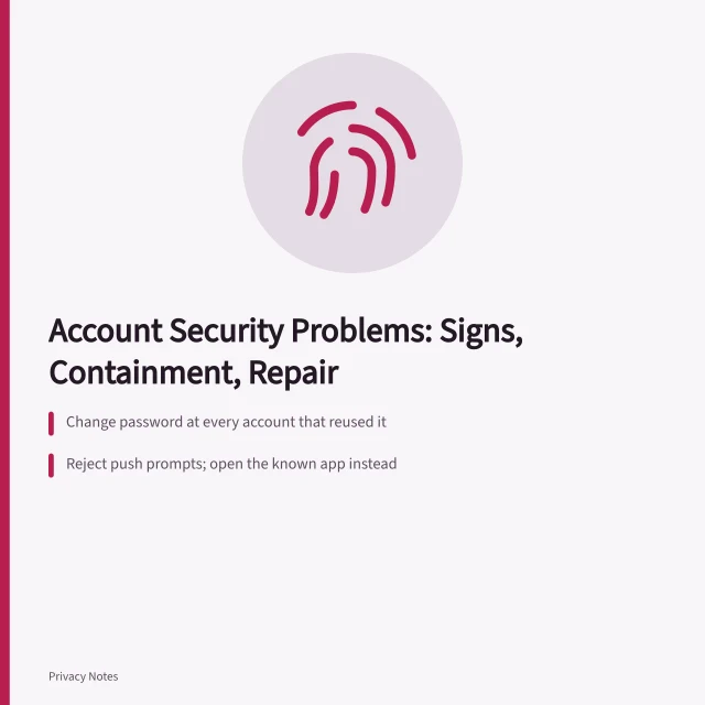 Card on account security: password reuse, phishing, SIM swaps, recovery codes. Account security problems: password reuse, phishing, SIM swaps and stale sessions