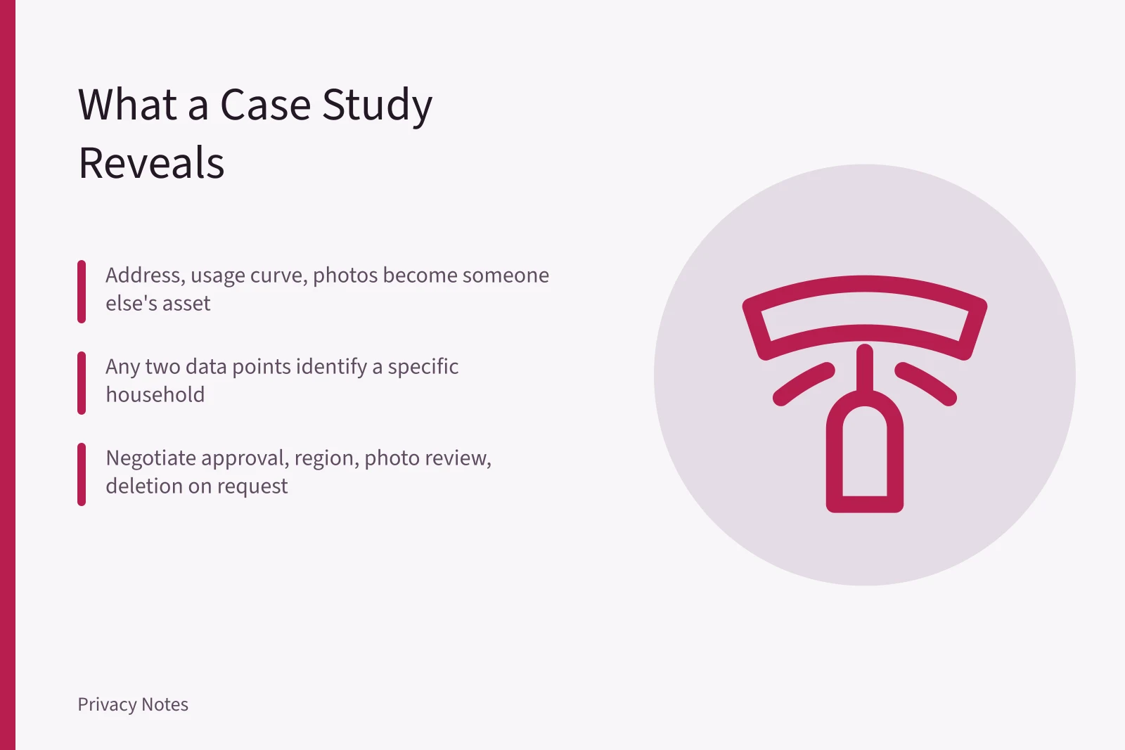 Card about privacy risks in home energy case studies and what to negotiate. What does a published case study actually give away about your home?