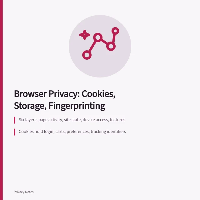 Browser privacy guide covering cookies, storage, fingerprinting, permissions, and profiles. Browser privacy guide: cookies, storage, fingerprinting, permissions, history, extensions, and profiles