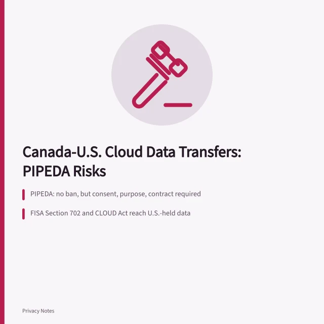 Padlock on laptop screen symbolizing cross-border cloud data privacy. Canada to U.S. cloud data transfers, PIPEDA and Schrems-style risks