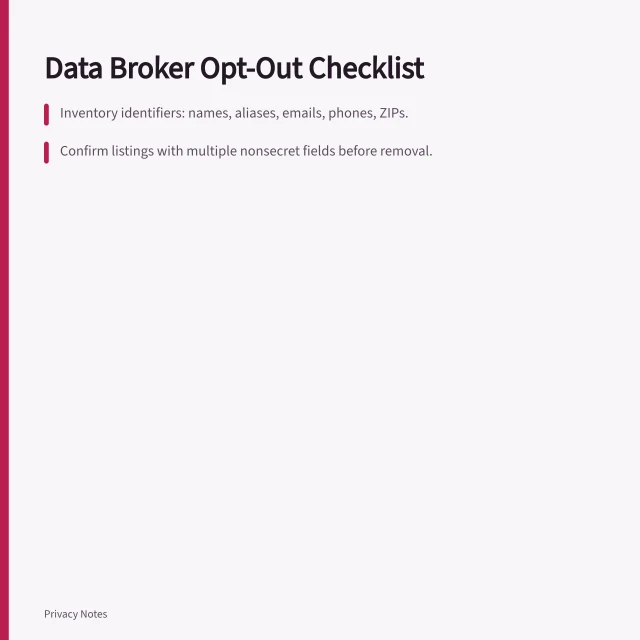 Checklist for data broker opt-out with identifiers, confirmation, and monitoring steps. Data broker search, identity proof, opt-out, confirmation, suppression, monitoring, and record checklist