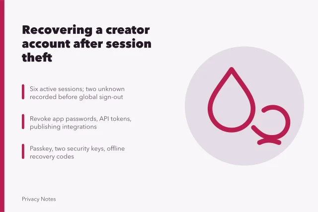 Card summarizing stolen session recovery: six sessions, revocations, passkey and security keys. Recovering a fictional creator account after a stolen session case
