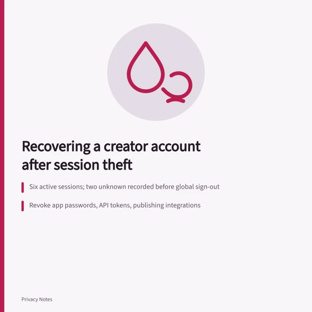 Card summarizing stolen session recovery: six sessions, revocations, passkey and security keys. Fictional creator account recovery after a suspected stolen session: evidence, revocation, authentication replacement
