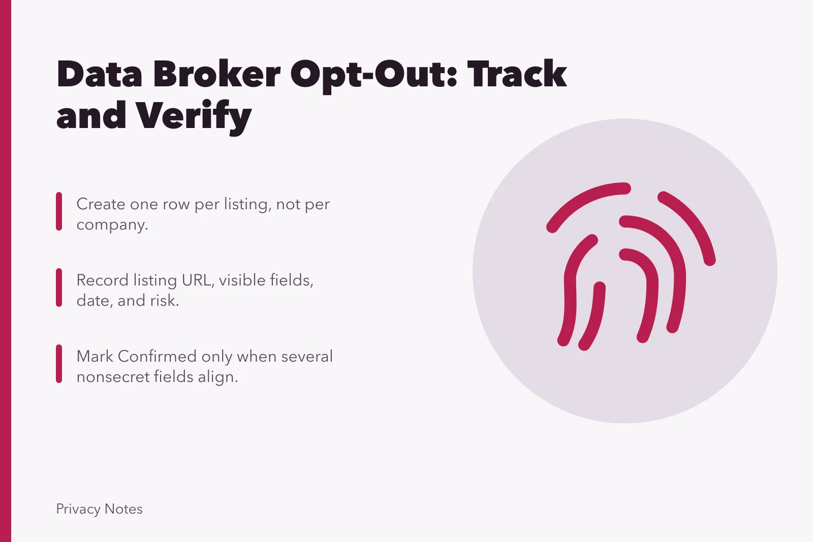 Card summarizing data broker opt-out steps: list, record, confirm. How to find and document data broker opt-out requests
