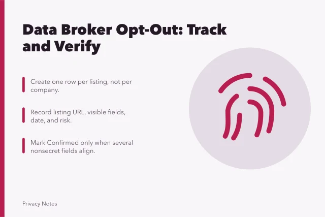 Card summarizing data broker opt-out steps: list, record, confirm. How to find and document data broker opt-out requests