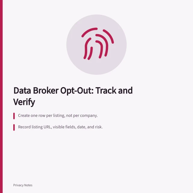 Card summarizing data broker opt-out steps: list, record, confirm. How to find and document data broker opt-out requests