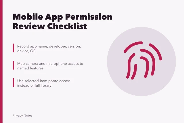 Checklist for reviewing mobile app camera, microphone, photos, and contacts permissions. Mobile app camera, microphone, photos, contacts, location, Bluetooth, notifications, and tracking checklist