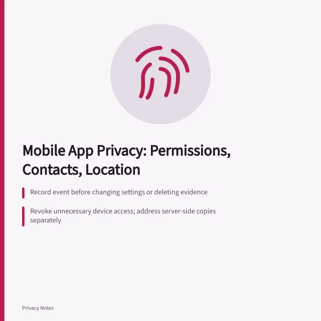 Card on mobile app privacy: permissions, contacts, location, and repair steps. Mobile app privacy problems: permission creep, contact uploads and location exposure