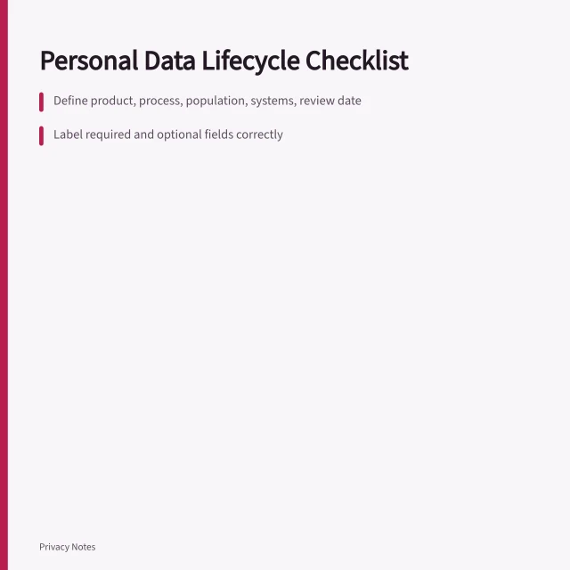 Checklist for personal data lifecycle review. Personal data collection, purpose, access, sharing, retention, security, and deletion checklist