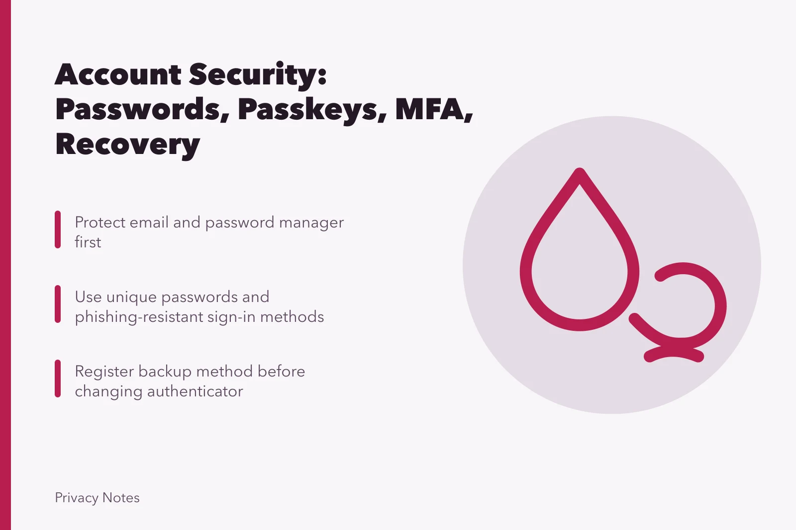 Account security guide covering passwords, passkeys, MFA, recovery, sessions, and alerts. Private account security guide: passwords, passkeys, multifactor authentication, recovery, sessions, and alerts