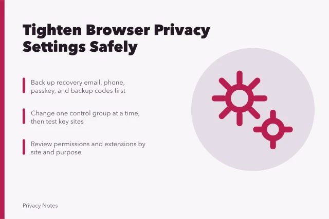 Browser privacy settings review with tracking protection, cookies, permissions, and sync controls. How to review and tighten browser privacy settings