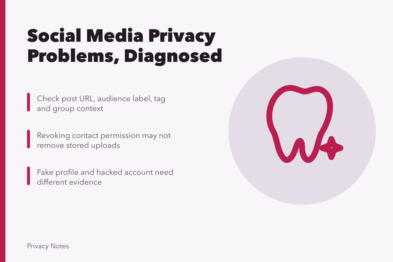 Card on social media privacy problems: audience, tags, contacts, impersonation. Social media privacy problems: audience collapse, resharing and impersonation