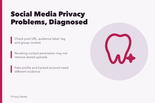 Card on social media privacy problems: audience, tags, contacts, impersonation. Social media privacy problems: audience collapse, resharing and impersonation