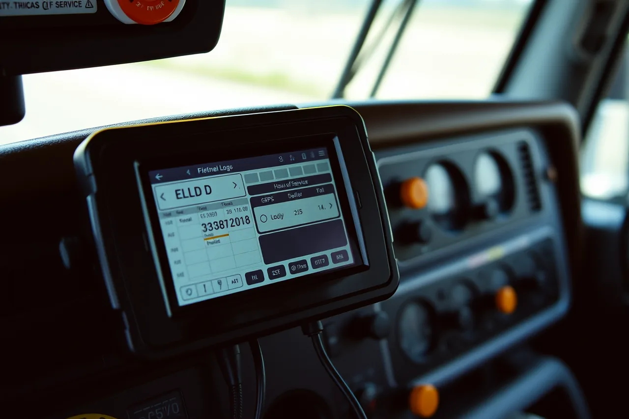 Electronic logging device on a truck dashboard showing driver hours (Alberta PIPA and energy-sector worker data in Calgary and Edmonton)