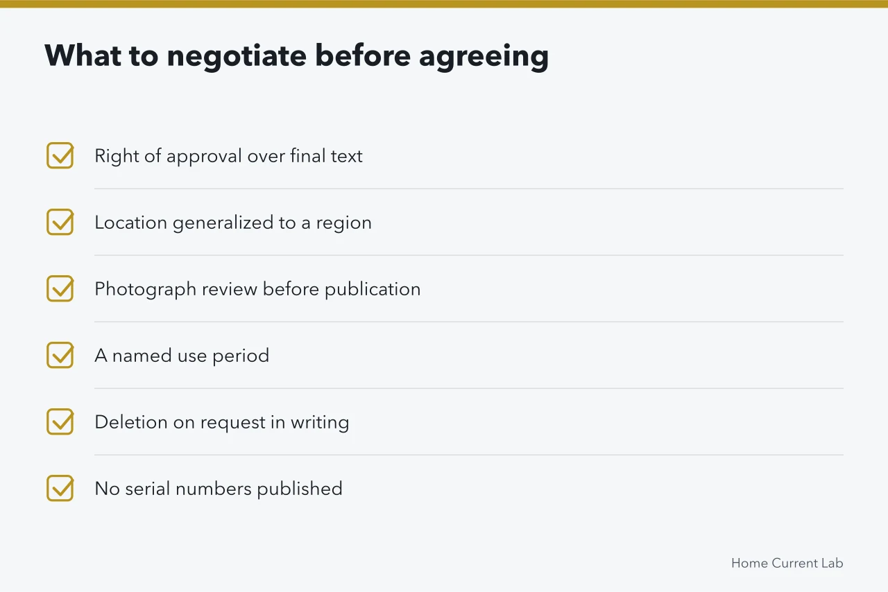 Checklist of six terms to negotiate before signing a release (What does a published case study actually give away about your home?)