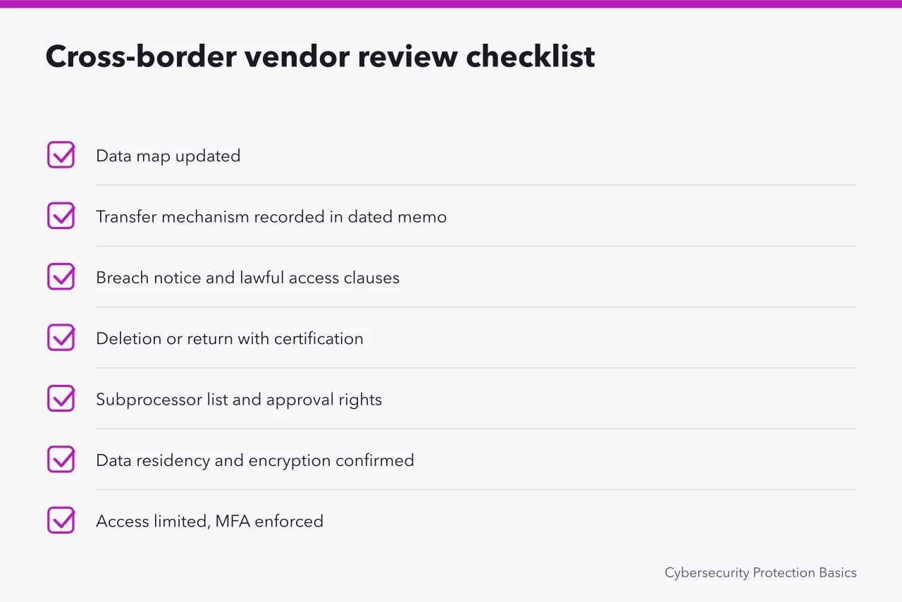 Checklist for reviewing cross-border vendors under PIPEDA (Cross-border data flows, securing Ontario small business data shared with US partners)
