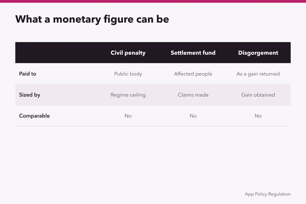 Comparison of four kinds of monetary figure in privacy settlements (Two tracks get confused inside every privacy settlement story, and both matter)